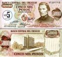 *5 Nuevo Peso pretlač na 5000 Uruguay 1975, P57 UNC