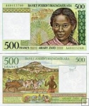 *500 Francs=100 Ariary Madagaskar 1994, P75 UNC