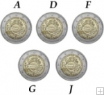 *5x 2 Euro Nemecko 2012 A-J, 10. výročie zavedenia Eura