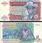 *50 000 Zaires Zair 1991, P40 AU/UNC, gorily