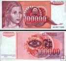 *100 000 Dinárov Juhoslávia 1989, P97 UNC