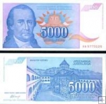 *5000 Dinárov Juhoslávia 1994, P141 UNC
