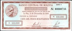 100 000 Pesos Bolivianos Bolívia 1984, P188 UNC - Kliknutím na obrázok zatvorte -