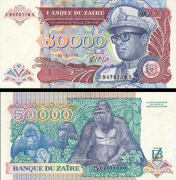 *50 000 Zaires Zair 1991, P40 AU/UNC, gorily - Kliknutím na obrázok zatvorte -