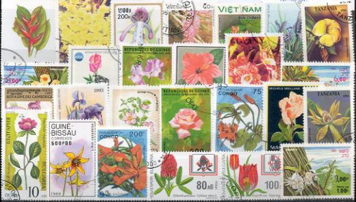 Známky tematické - 100 rôznych, kvety a rastliny - Kliknutím na obrázok zatvorte -