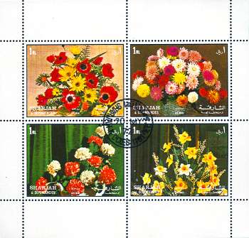 *Známky Sharjah 1972, Kvety II, razítkovaný hárček - Kliknutím na obrázok zatvorte -